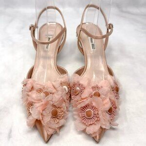 Miu Miu Floral Frill Silk Velvet Button Pointed Toe Kitten Heels Pumps Pink 39